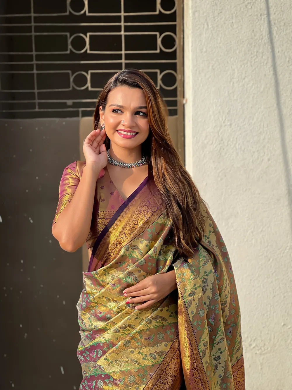 Dharmavaram Silk Saree with Meenakari | Premium Wedding Silk Sarees Online (Olive Green)